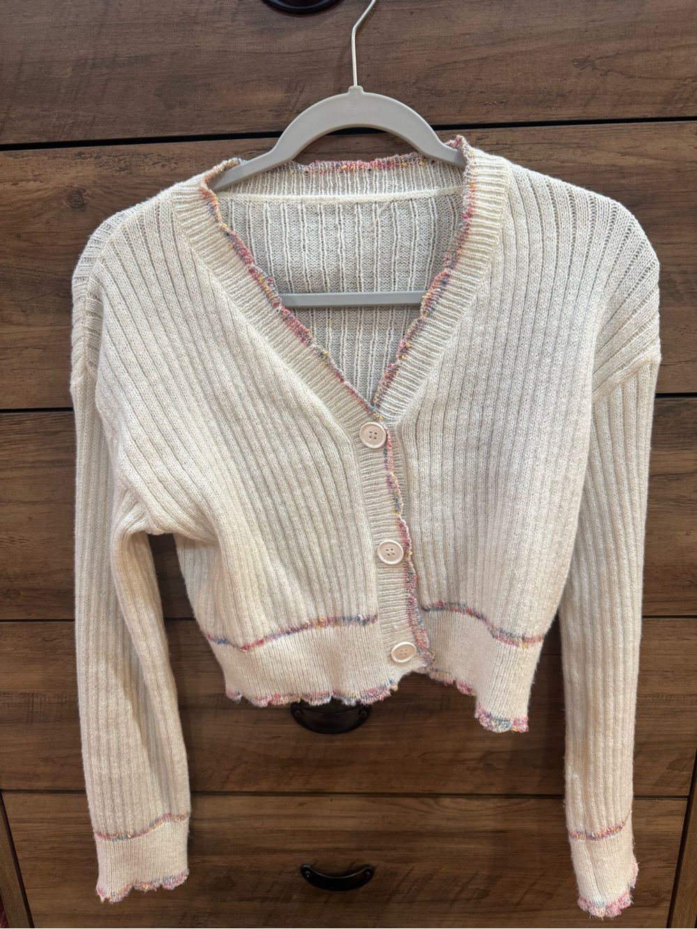 Cream Ribbed V-Neck Button Cardigan Sweater